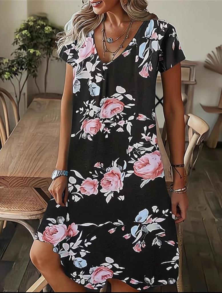 Summer Large Size Women's V-Neck Loose Pullover Casual Fashion Printed Short Sleeve Dress