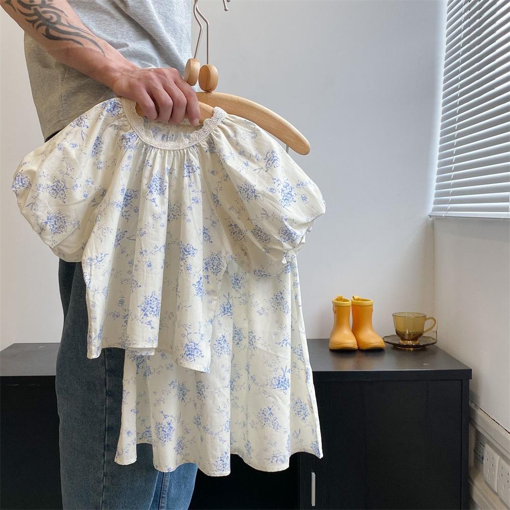 

Летний костюм с цветочным принтом для девочек в пасторальном стиле, тонкая свободная короткая рубашка, кружевная юбка, костюм-двойка, весенний комплект одежды для малышей