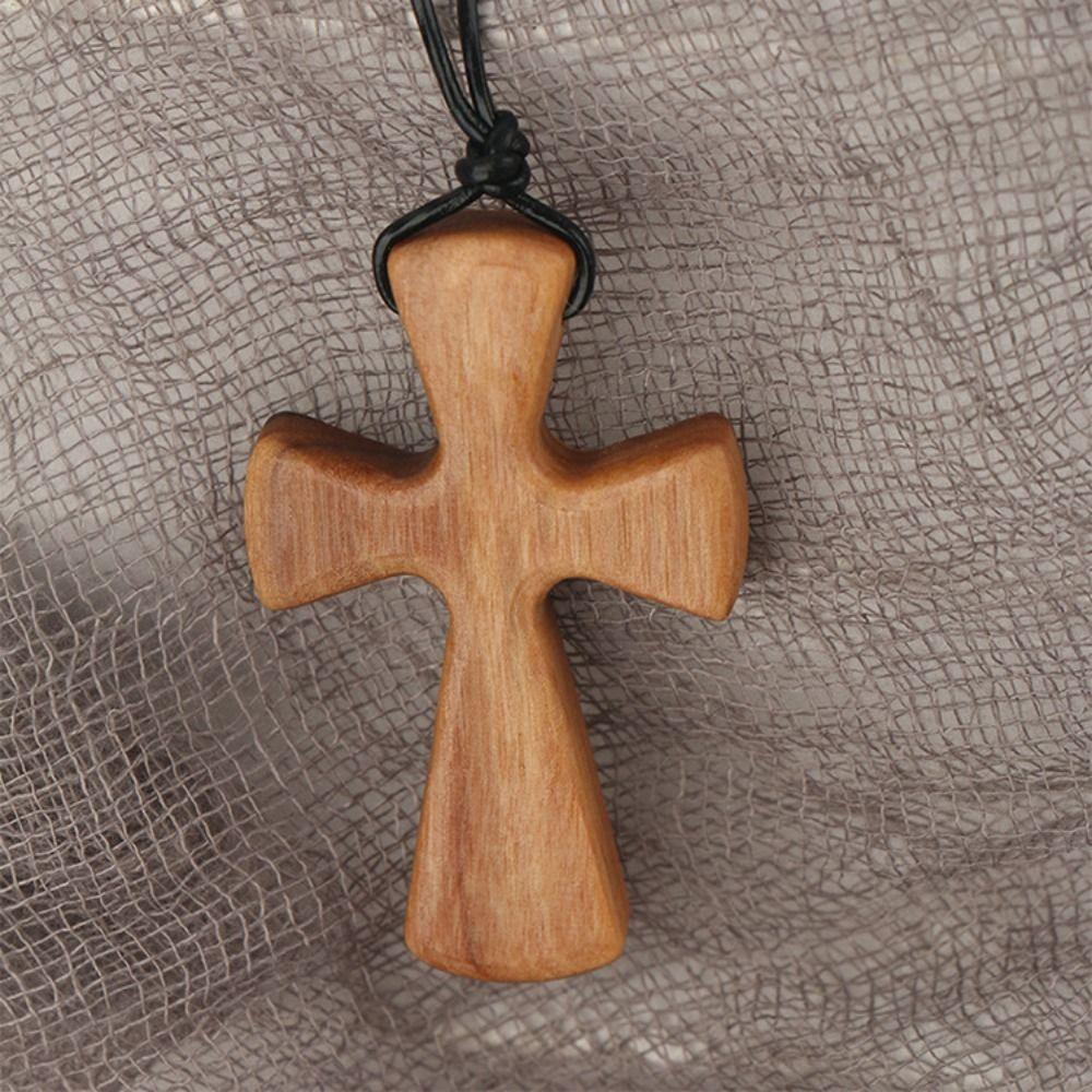 Lederseil Kreuz Halsketten Handgeschnitzte Halskette für Gebet Retro Kreuz Anhänger Geburtstagsgeschenk