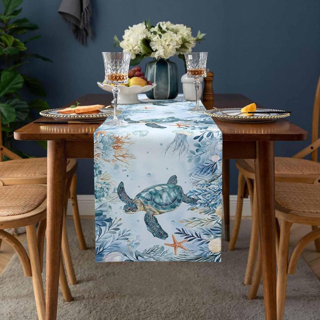 Summer Coastal Sea Turtle Coral Linen Table Runner Party Decor Reusable Farmhouse Kitchen Dining Table Runner Wedding Decoration