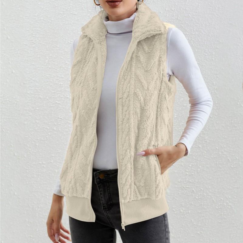 Women autumn solid Plush Cardigan Vest Casual Zipper Lapel Pocket Solid Color Warm Vest