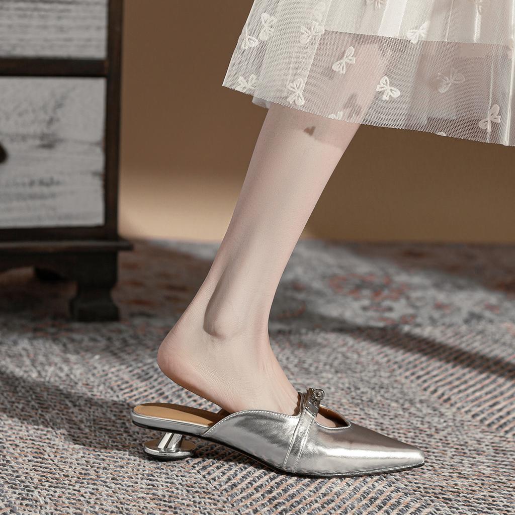 Casual Bag Head Muller Shoes, New Low-heeled Pointed Shoes In Spring and Summer, Women's Silver Single Shoes, Sandals Outside