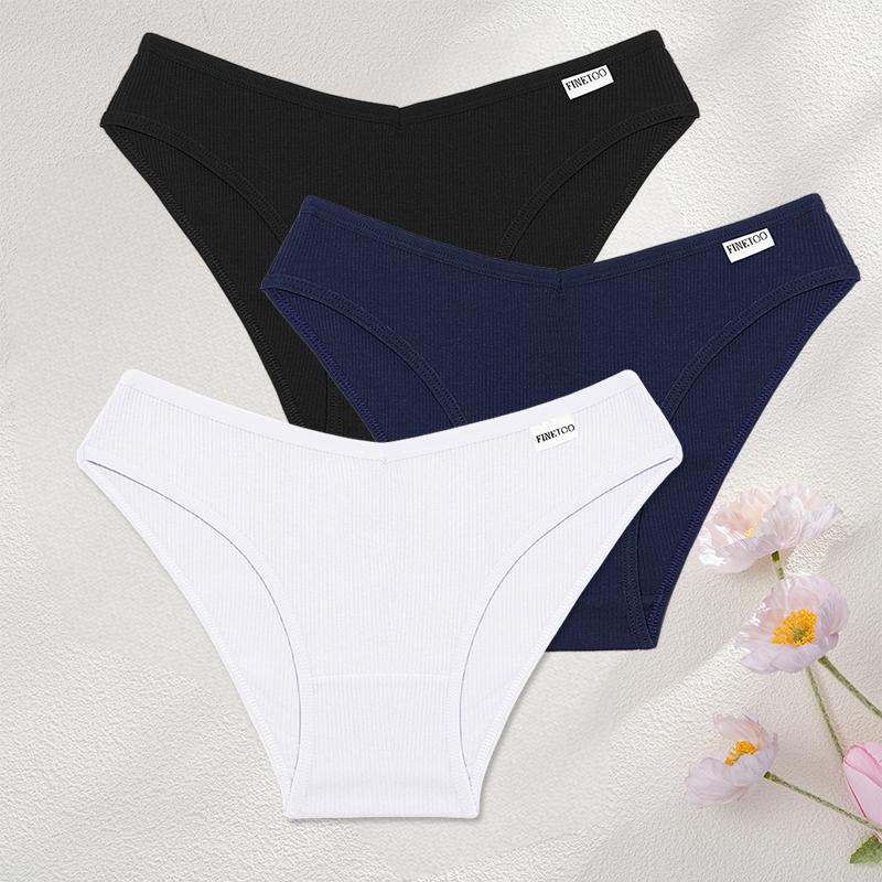 FINETOO 3Pcs/Set Sexy Low Waist Cotton Panties M-3XL Ribbed Breathable Briefs Underwear for Women Gym Fitness Casual Lingerie