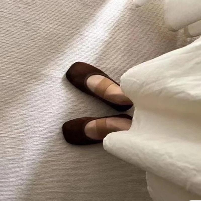 Leather retro niche suede square head shallow mouth comfortable flat ballet shoes with Mary Jane single shoes women's shoes