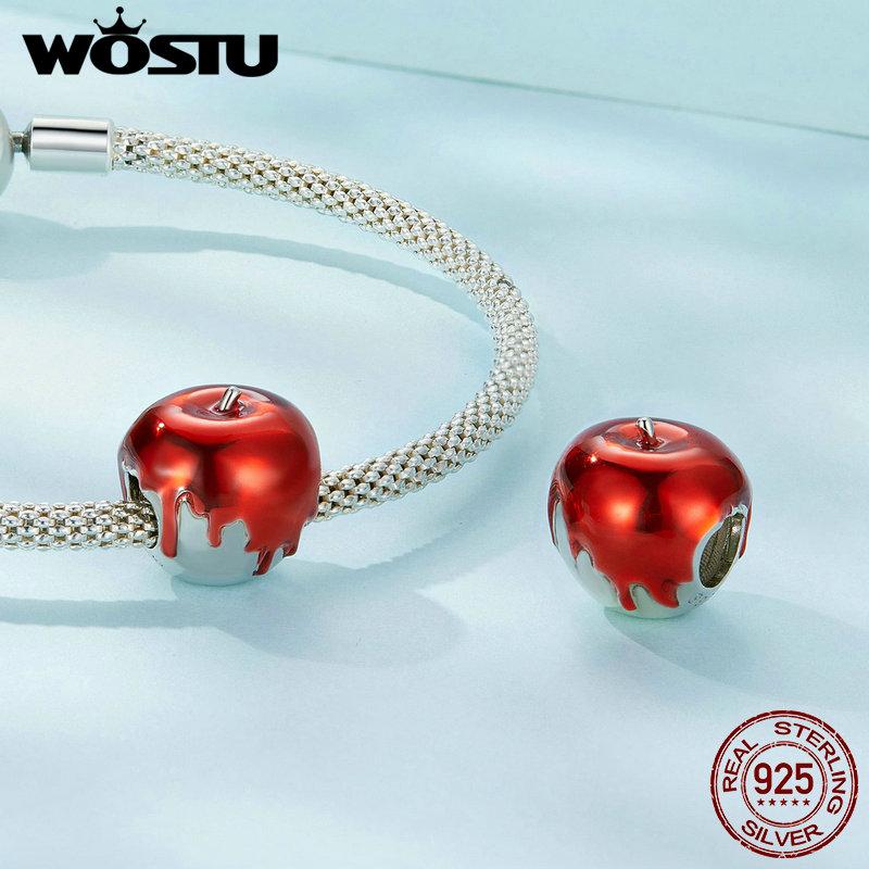 WOSTU 925 Sterling Silver Delicate Red Apple Charm Beads Fit Original Bracelet DIY Necklace Jewelry Making Gift