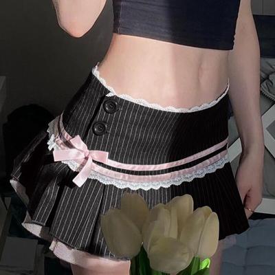 Goth Dark Harajuku Y2k Kwaii Mini sukně s krajkovým lemem Gotický Cutecore Mašle Pruhovaná Plisovaná Sukně Snížený Pas Barevně sladěné Párty Spodky