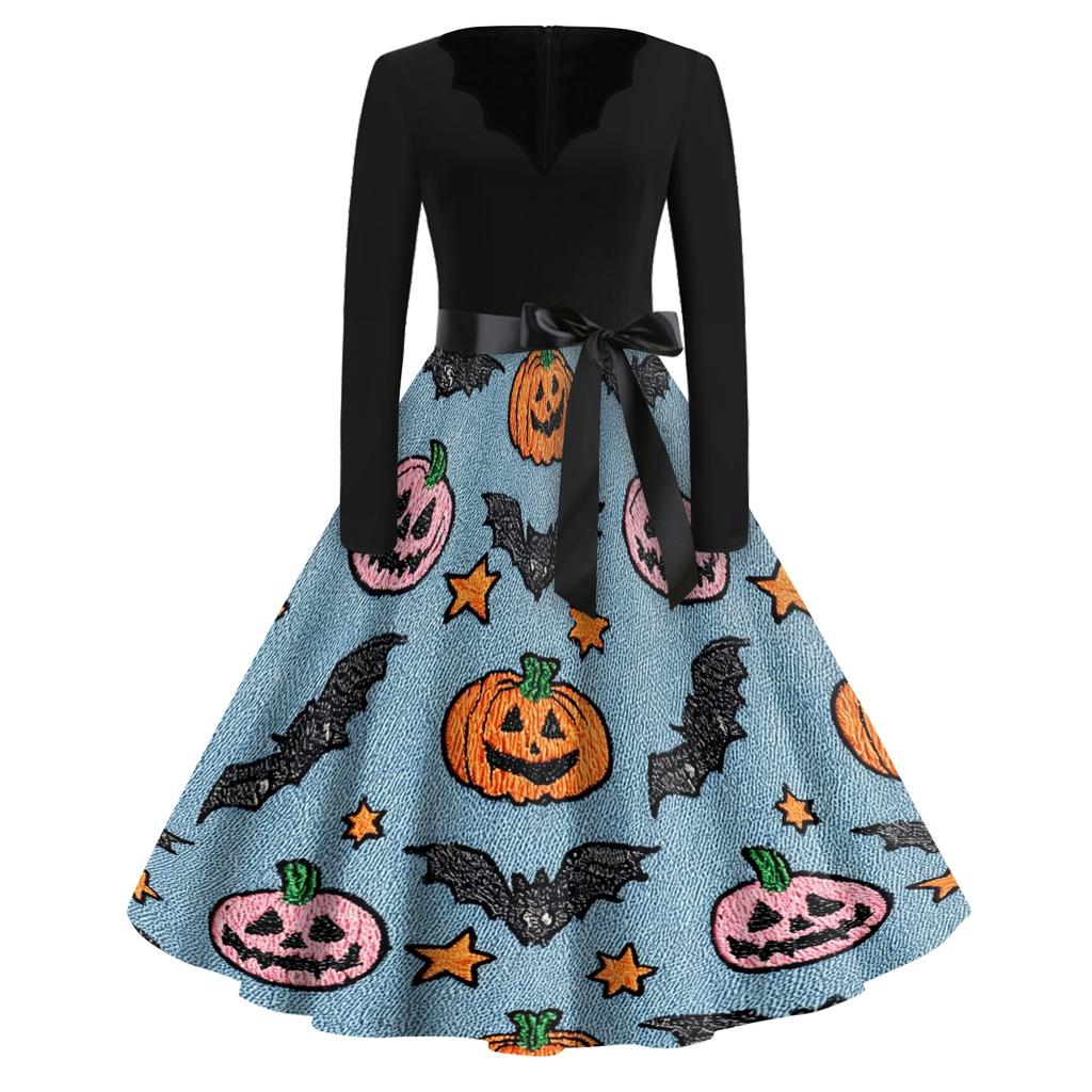 Women Long Sleeve V Neck Dress Vintage Halloween Print Midi Dress with Waist Tie Retro Casual Fit and Flare Dress for Daily Wear