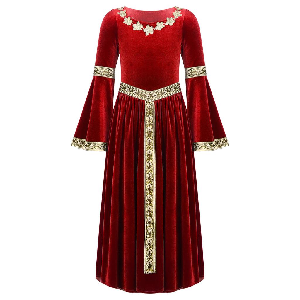 Girls Medieval Princess Velvet Dress Long Flare Sleeve Retro Patterned Band Dress Up Costume Royal Party Gown