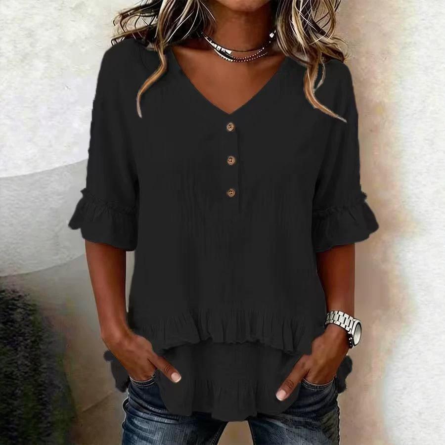 Camisetas Retro de Mujer con Cuello en V, Mangas Cortas con Volantes, Holgadas, de Algodón y Lino, Blusa Túnica Casual