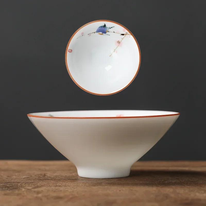 Chinese Ceramic Teacup Hand Painted Flowers and Birds Cup Travel Tea Bowl Household Porcelain Tea Set Master Cup 60ml