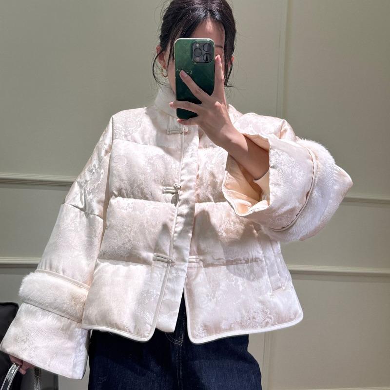 Retro Stand-up Collar Buckle Jacquard Mink Hair Down Jacket Women's Winter Goose Down Jacket a Piece