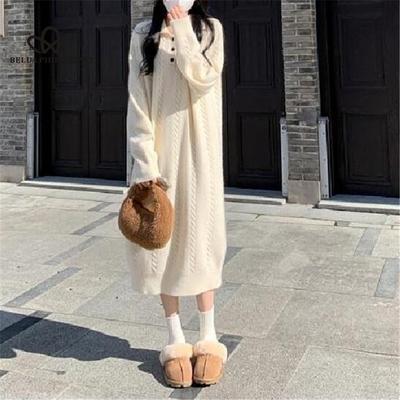 Long Korean Style Lazy Style Lapel Knitted Dress 2024 Spring Autumn New Design Solid Color Sweater Base Dress