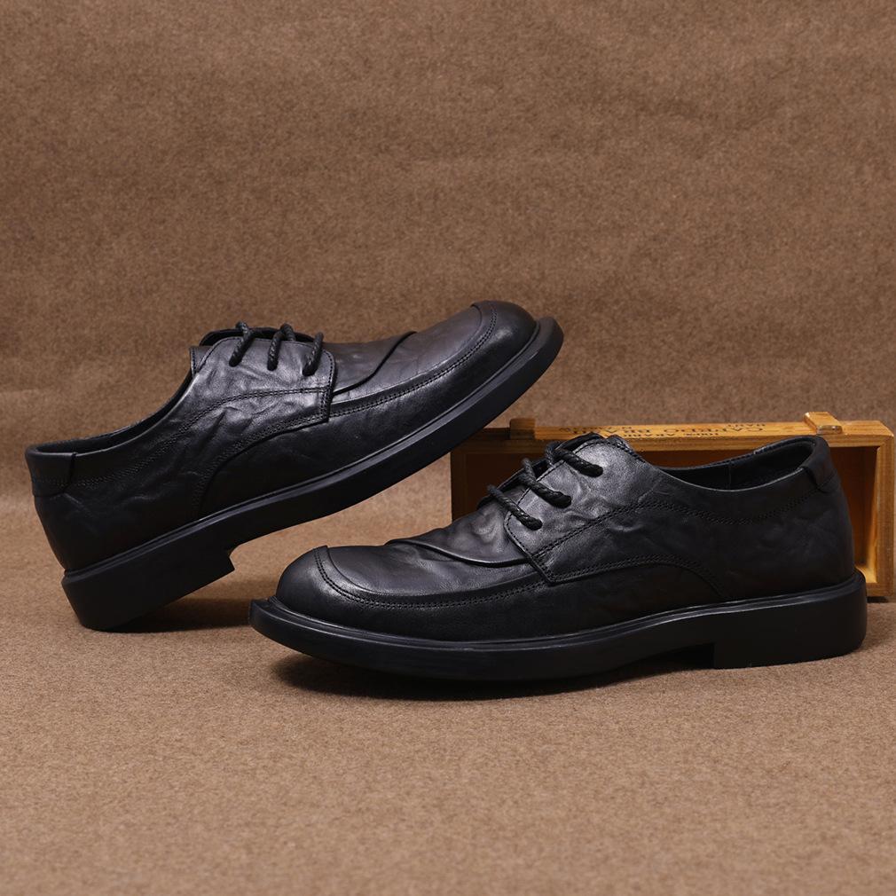 Cowhide Men's Leather Shoes Breathable Lace Up Round Toe Versatile Soft Sole Wear-resistant British Formal Business Casual Men's Shoes