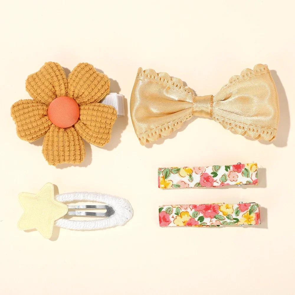 5Pcs/set Girls Hairclips Fresh Cloth BB Hair Bangs Barrette Flower Lace Bows Hairgripes Dopamine Colored Hair Accessories