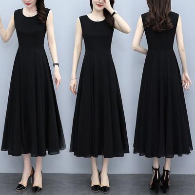 Women Sleeveless Midi Dress Summer Crew Neck Flowy Long Dress Beach Casual Pleated Swing Tank Dress