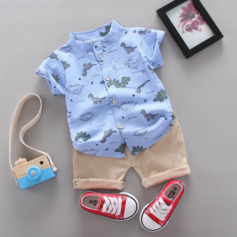 "Korean Style Children's Summer Outfit: Boys’ Dinosaur Cartoon Short Sleeve Shirt & Shorts Set"