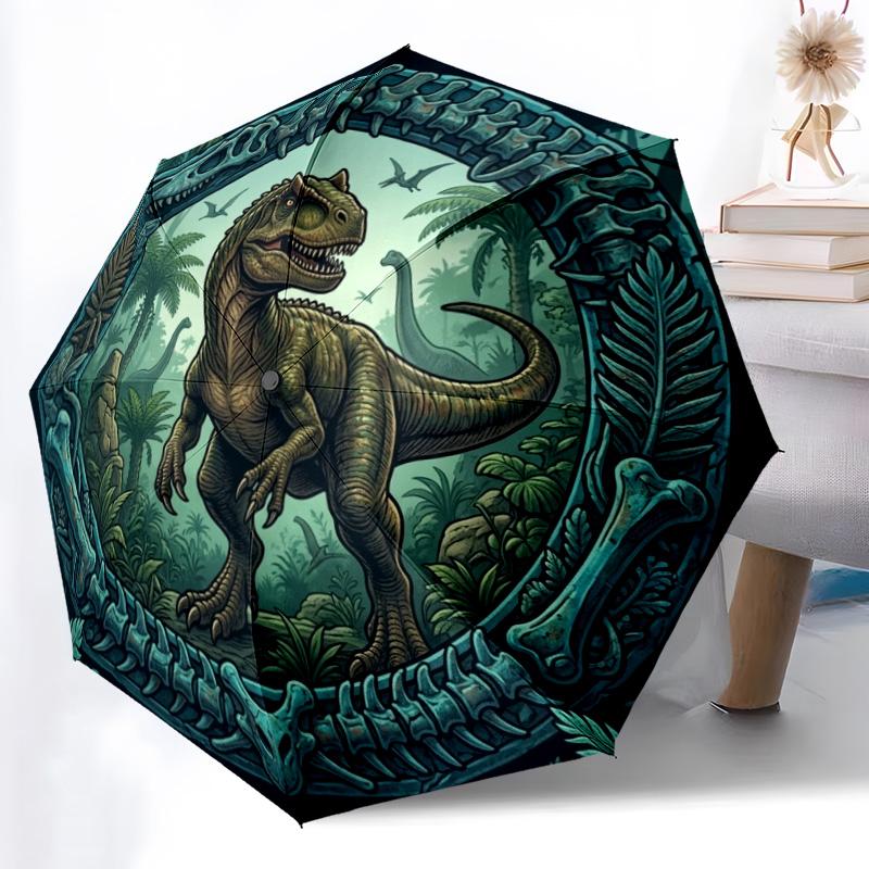 Prähistorisches Dinosaurier-Dschungel-Muster Regenschirm, tragbares und faltbares Design, 8 Speichen, ein lässiges Accessoire für Halloween, Weihnachten und Geburtstagsgeschenke.