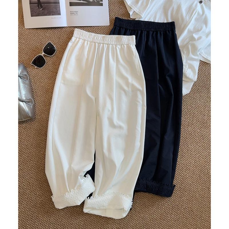 Lace pants wide-leg pants women's summer new elastic waist drawstring loose and thin versatile casual thin nine-point pants