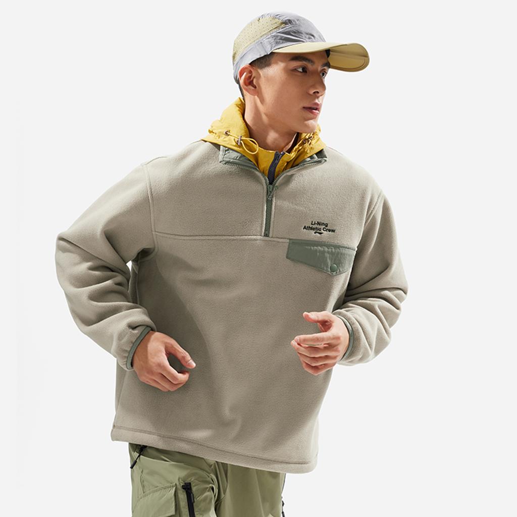 Li Ning Comfortable Breathable Fleece Warm Sweatshirt With Letter Stand Collar Men Sweatshirt Dusty-Gray AWDUA17-6