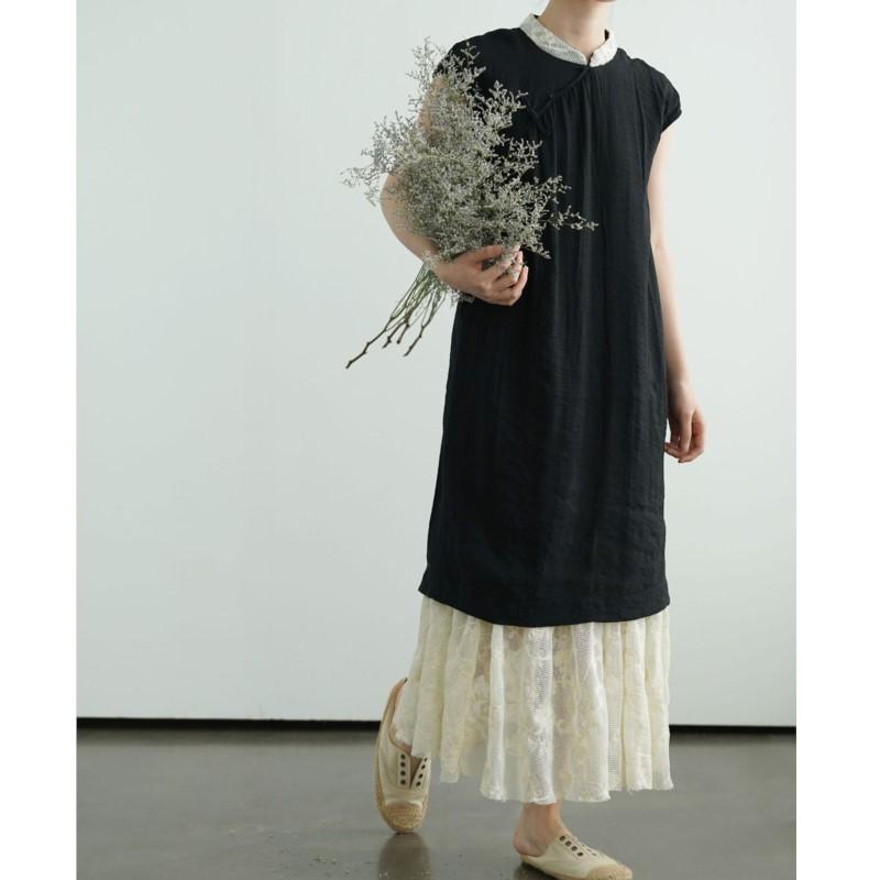 Johnature Women Vintage Jacquard Dresses Stand Sleeveless Button Summer Patchwork Lace Chinese Style Soft A-Line Dress