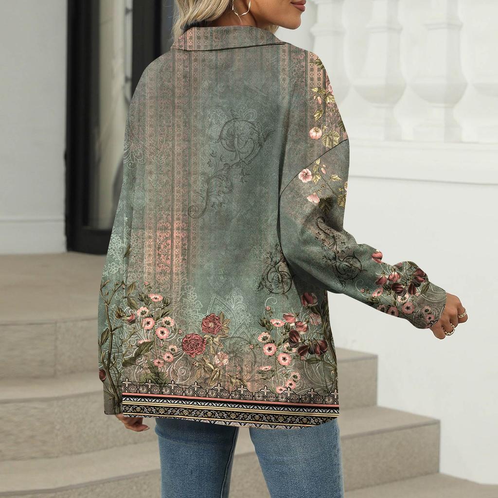 Women's Summer Fashion Casual  Printed V-Neck Long Sleeve Shirt Top