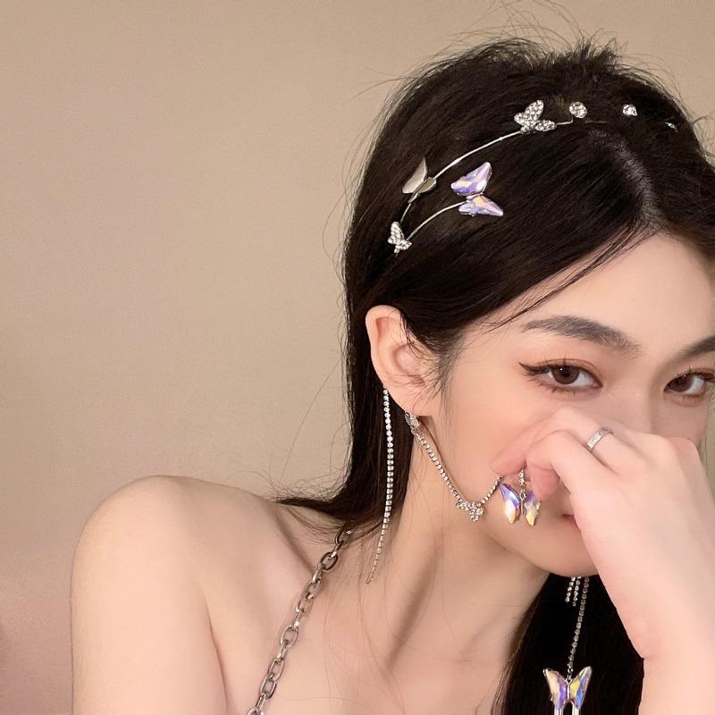 Diamond Encrusted Butterfly Tassel Hair Clasp Sweet Korean Hair Accessories Minority Fashion Bright Diamond Headbands for Girls