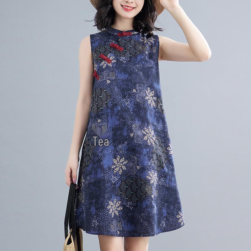 

2026 Summer Sleeveless Chinese Frog Button Qipao: Retro Linen Slimming Dress 3XL [145-155 pounds]