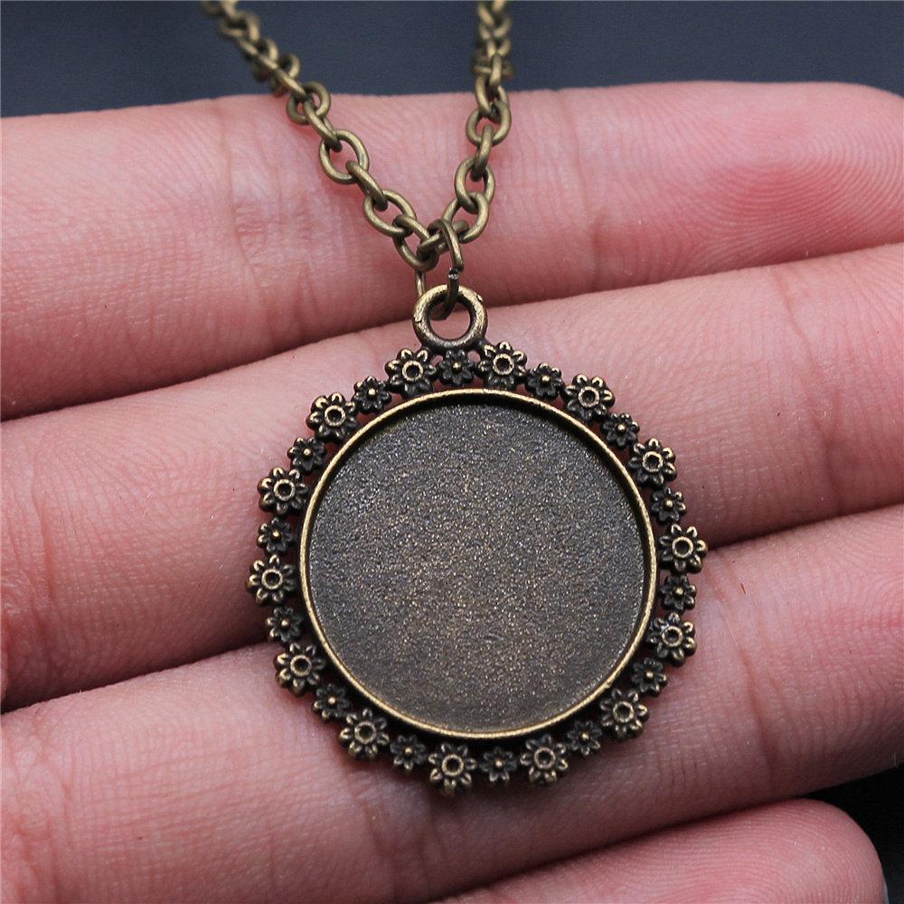

Fit 20mm Flat Glass Cameo Base Setting Tray Pendant Antique Bronze Silver Metal Mom Necklace A03-1pcs-20mm 70cm chain