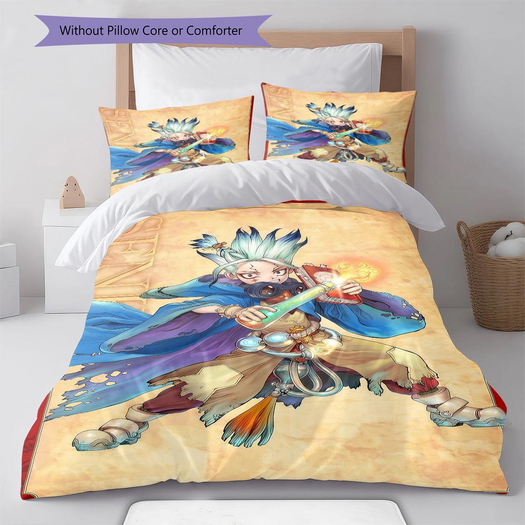 Dr STONE Pattern Bedding,Quilt Set Quilt Cover Pillowcase Home Birthday Gift (1 * Duvet Cover + 2 * Pillowcase, Without Core)