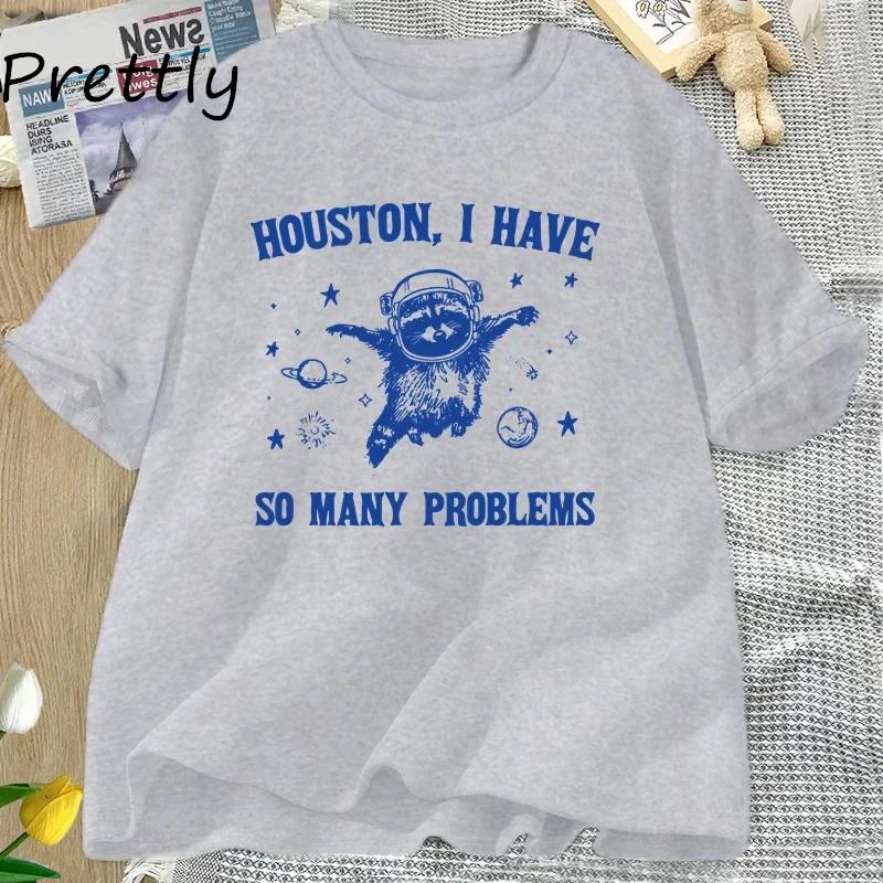 Houston Ich Habe So Viele Probleme T-Shirts Lustiger Waschbär im Weltall Mond Grafik T-Shirts Vintage Baumwolle Kurzarm Damenkleidung