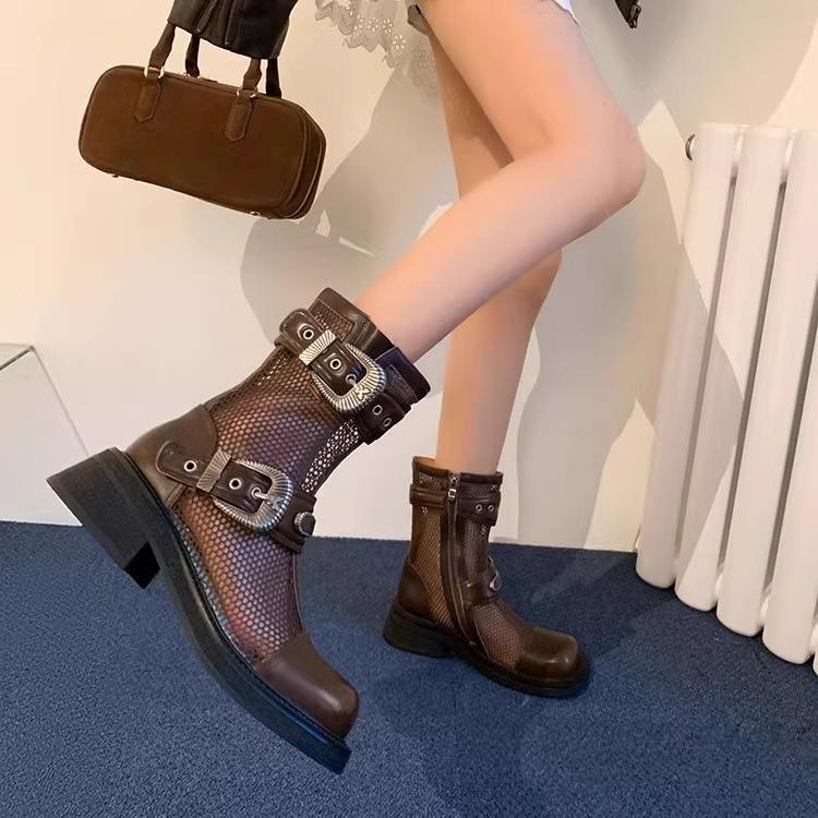 4.5Cm Medium Heel Thick-soled Mesh Boots Women's Summer New Hollow Mesh Thin Short Boots Belt Buckle British Cool Boots