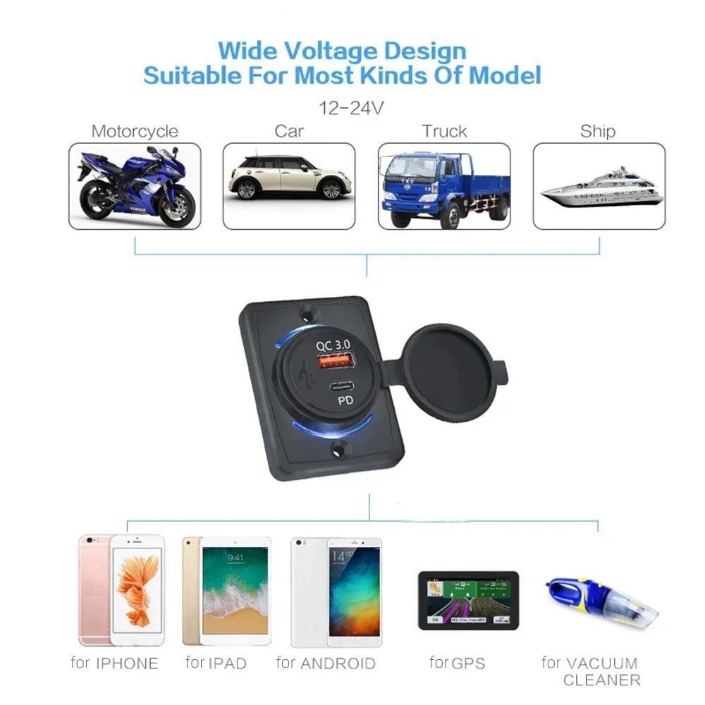 Universal Mount USB Charger 53W Dual Port QC3.0 PD Type-C 12V 24V LED Display