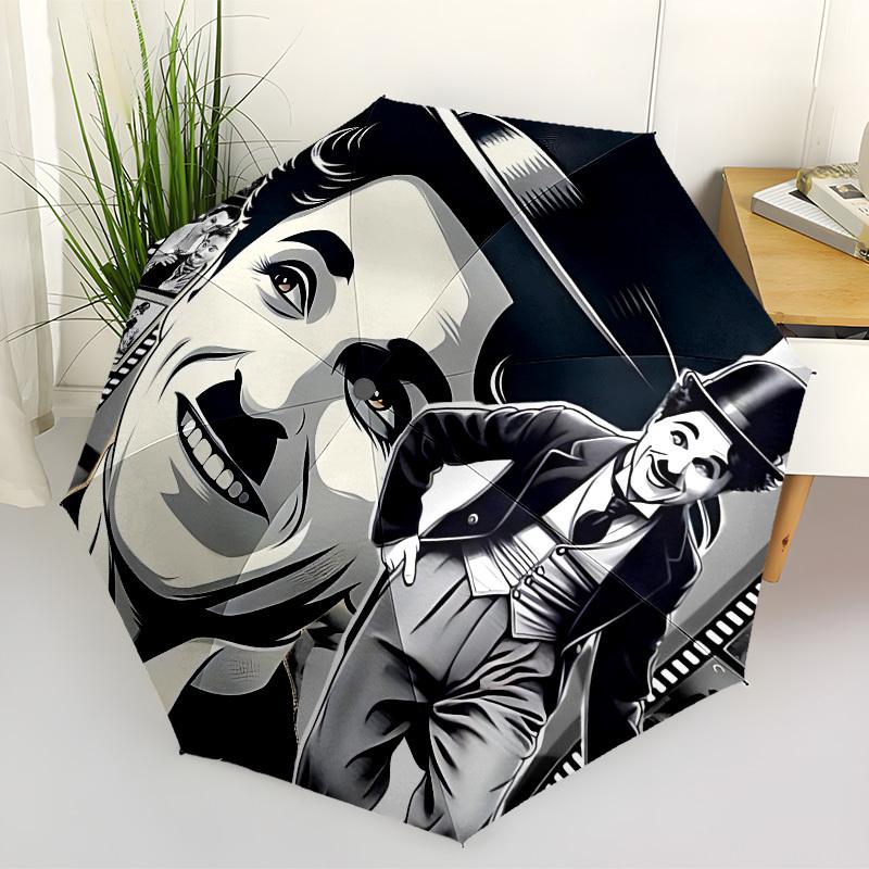 1 Stück Charlie Chaplin Filmstreifen Automatischer Faltregenschirm, Tragbares faltbares Design, Lässiges Outdoor-Accessoire L1127056
