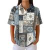 Women's Casual Short Sleeve Waffle Knit Polo Shirt Retro Floral Print Button Down Top Lightweight Breathable Summer Blouse