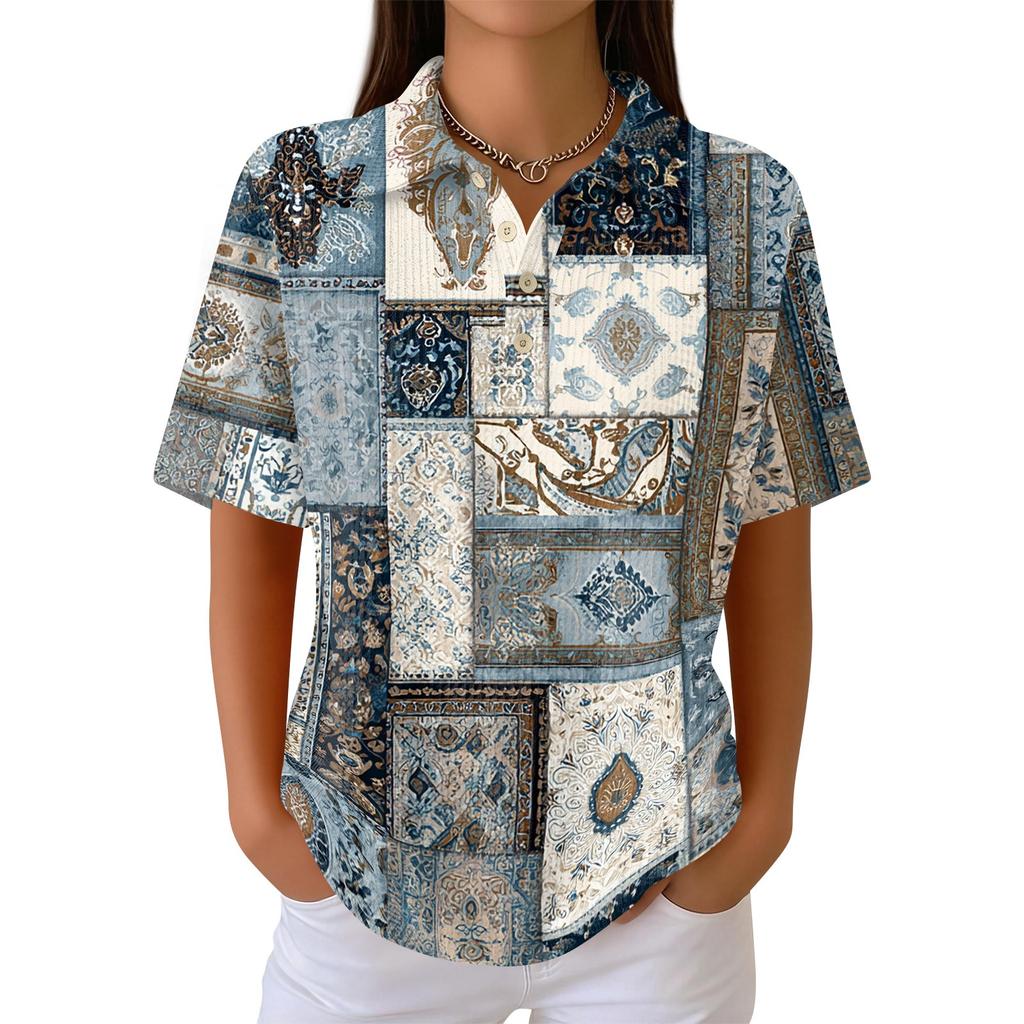 Women's Casual Short Sleeve Waffle Knit Polo Shirt Retro Floral Print Button Down Top Lightweight Breathable Summer Blouse
