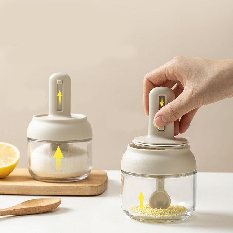 Seasoning Jar Retractable Spoon Glass Transparent Spice Condiment Storage Container Box for Home