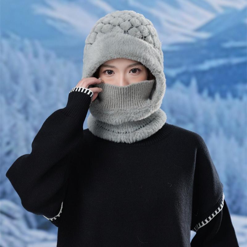 Fashion Plaid Plush Warm Scarf One-piece Hat Women's Winter Outdoor Cycling Windproof Neck Cover Plush Cap