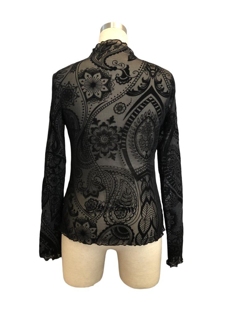 Autumn Winter Women's Paisley Flocked Print Mesh Ruffle Hem Long Sleeve T Shirt Top Fashion Daily Basic Casual Slim Fit Ladies Elegant Top