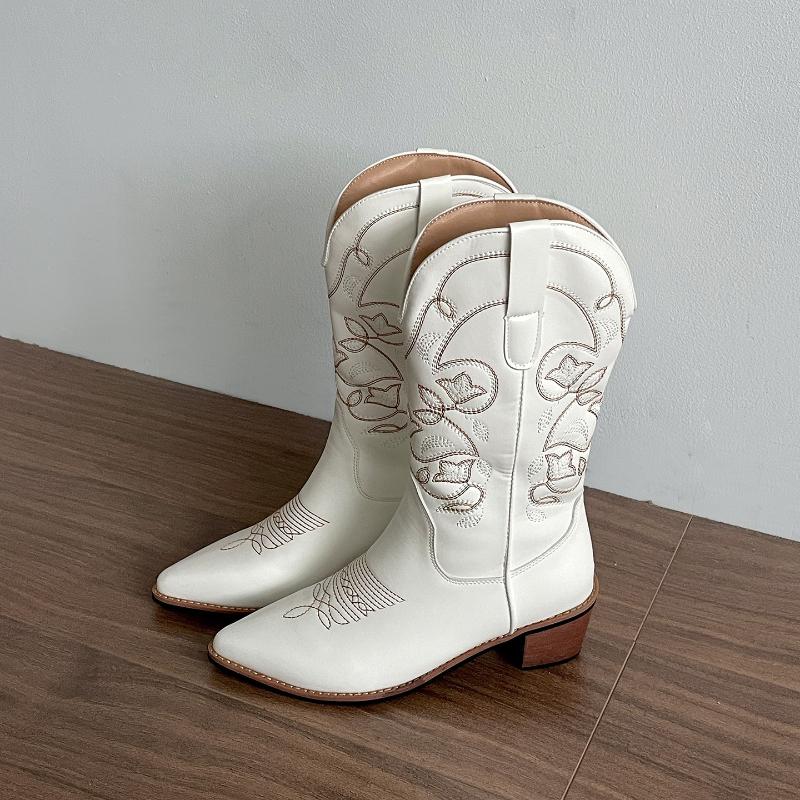Vintage Thick Heel Women Western Cowboy Boots Fashion Slip On Shoes Embroidery Knight Mid Calf Botas Autumn Winter Women'S Shoes