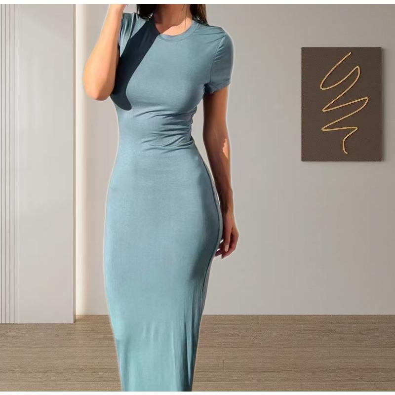 Fashion Short Sleeved Hip Summer Dress Spring/summer Solid Color Slim Fit Bodycon Casual Party Dresses O Neck Elegant Simple Clothing