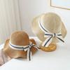 Vintage Blue Ribbon Bow Straw Hat Large Brim Wavy Women's Beach Fisherman Hat Sunshade Accessory