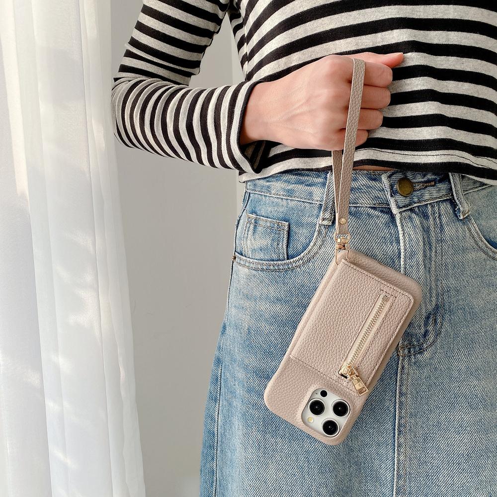 For iPhone 15 Pro Case Card Slots Kickstand PU Leather Back Cover with Zipper Pocket,Wrist Strap