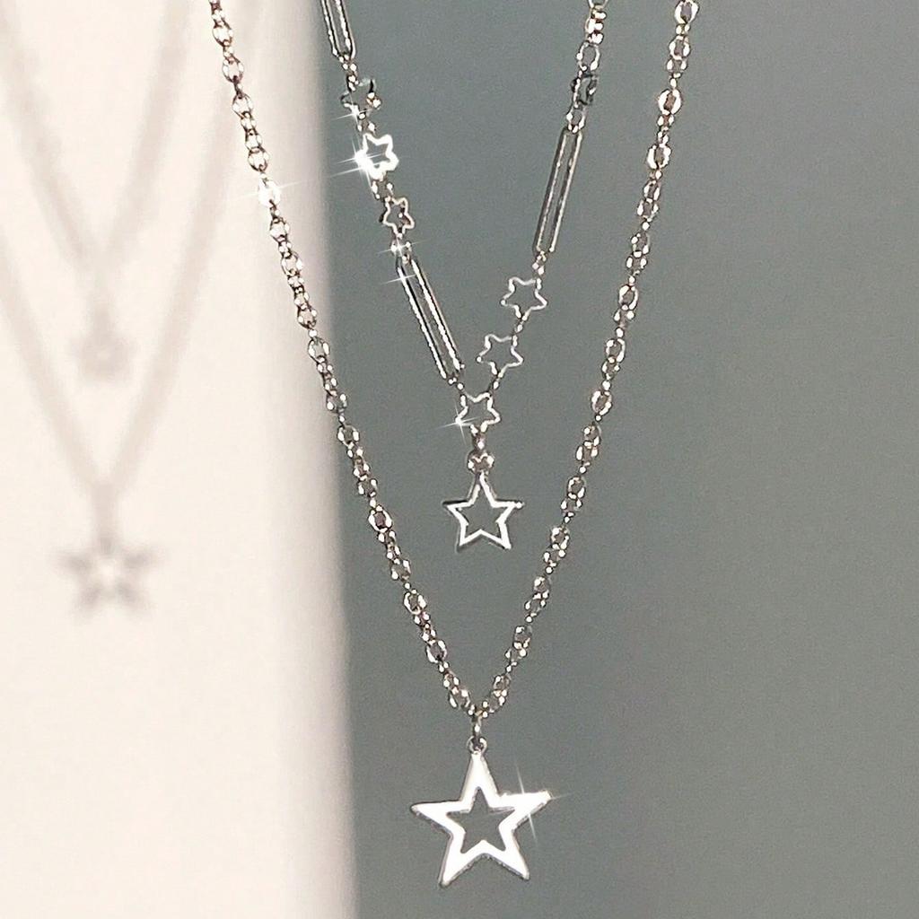 2 pièces Pendentif Étoile Pentagramme Argenté Multi-Couches Collier Chaîne Fait Main Adapté au Port Quotidien des Femmes