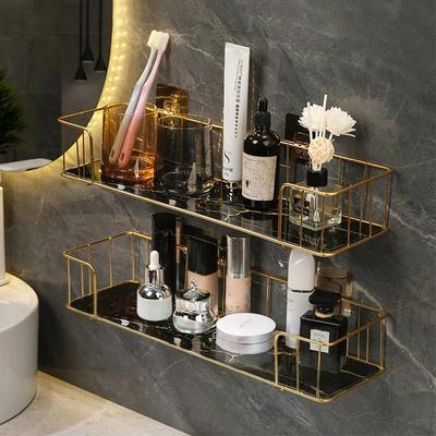 Mensola da bagno di lusso senza perforazione Mensola da muro in ferro con accessori da bagno per portaoggetti per trucco in lastra di vetro in stile marmo