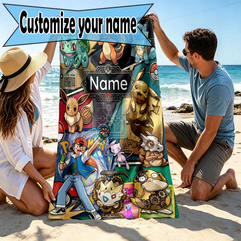 Custom Name Personalized Pocket Monster Print Beach Towel, for Trip Camping Beach Party Home Decor, Birthday Gift for Family & Friends