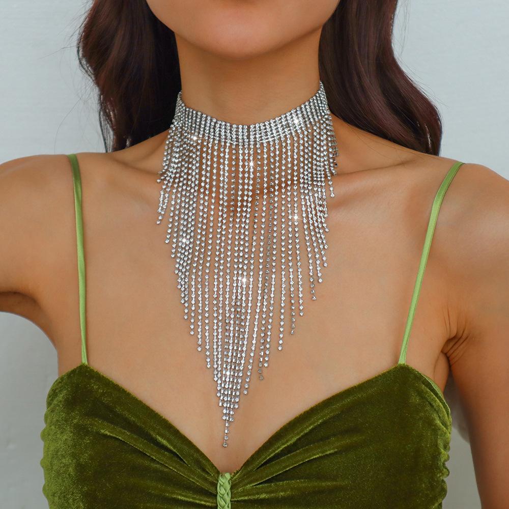 European And N9886 American Crossborder Back Decoration Exaggerated Vintage Necklace With Rhinestones And Tassel Desi Geometric