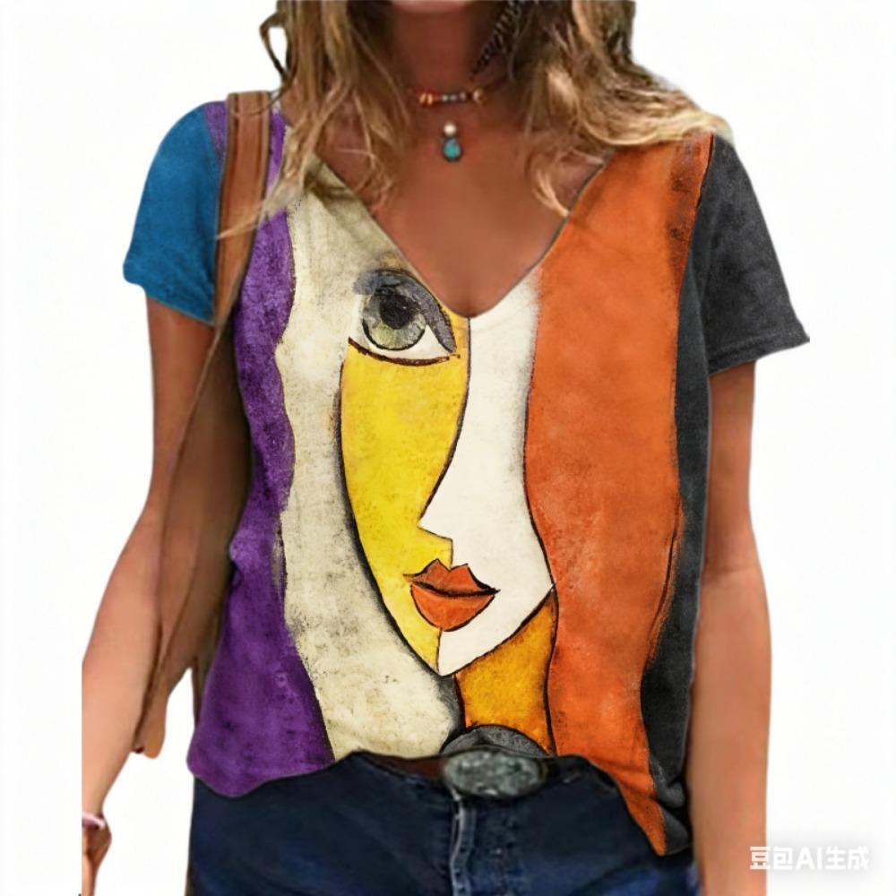 Women's V Neck T-shirt Summer Casual Plus Size Print Tops Loose Vintage Female Tee Streetwear Short Sleeve Clothes
