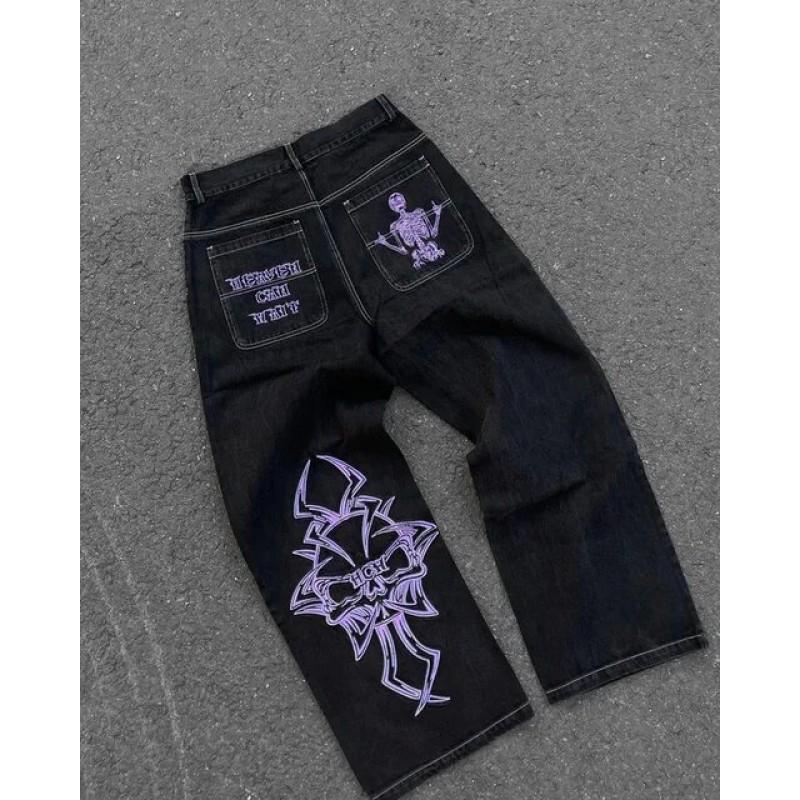 Calças Jeans Masculinas Y2K Hip Hop Góticas de Perna Larga Corte Amplo Streetwear Calças de Brim Calças Casuais