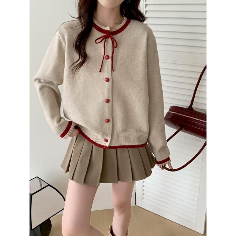 Autumn and Winter New Lace Neckline Lace-up Sweater Jacket Women's Knitted Cardigan Soft Waxy Short Top