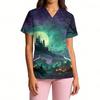 Women's Fashion V Neck Short Sleeve Work Shirt with Pockets Halloween Themed Print Top Suitable for Professional and Casual Wear